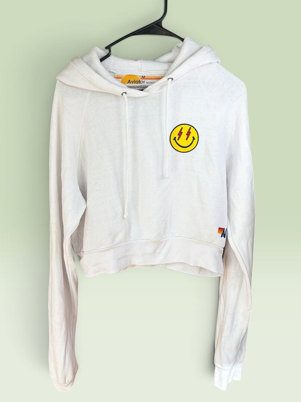 Aviator Nation White Bolt Eye Smiley Face Cropped Zip Hoodie Medium